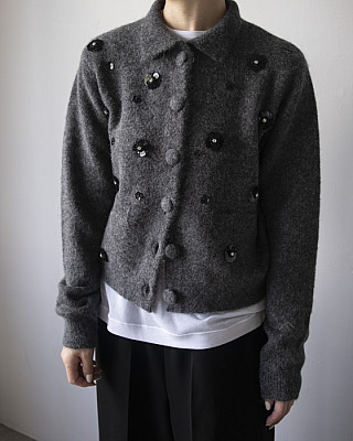 OPEN SESAME CLUB / Sequin Flower Knit Jacket / GRAY